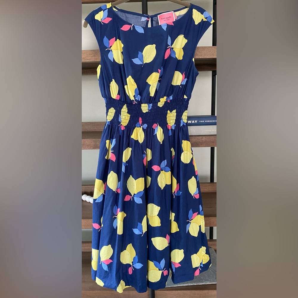 Kate Spade Lemon Print Smocked Waist Midi Dress Size 4